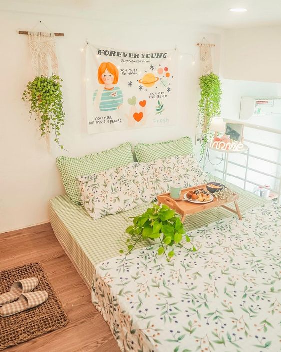 105 Mẫu Decor trang trí phòng ngủ đẹp kiểu Hàn tone xanh lá
