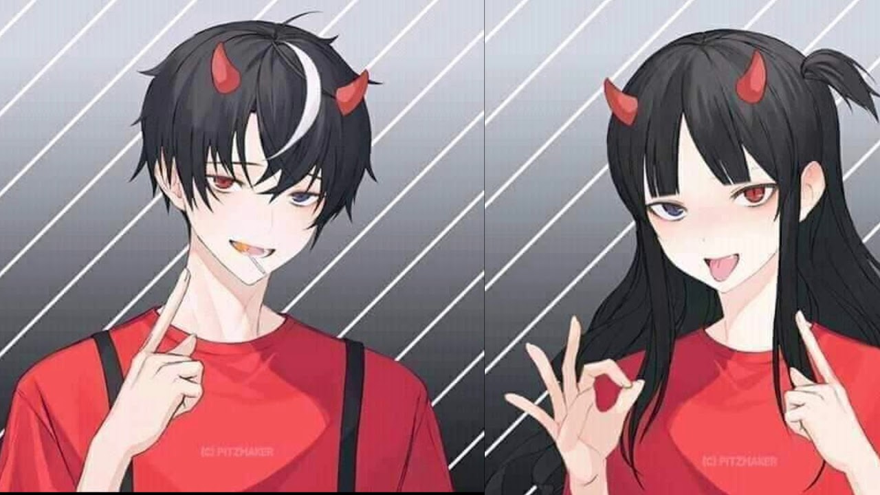 Ảnh Chibi Avatar đôi Bff Cute Cặp đôi Mặc áo đỏ đeo Sừng Nhỏ Dễ Thương