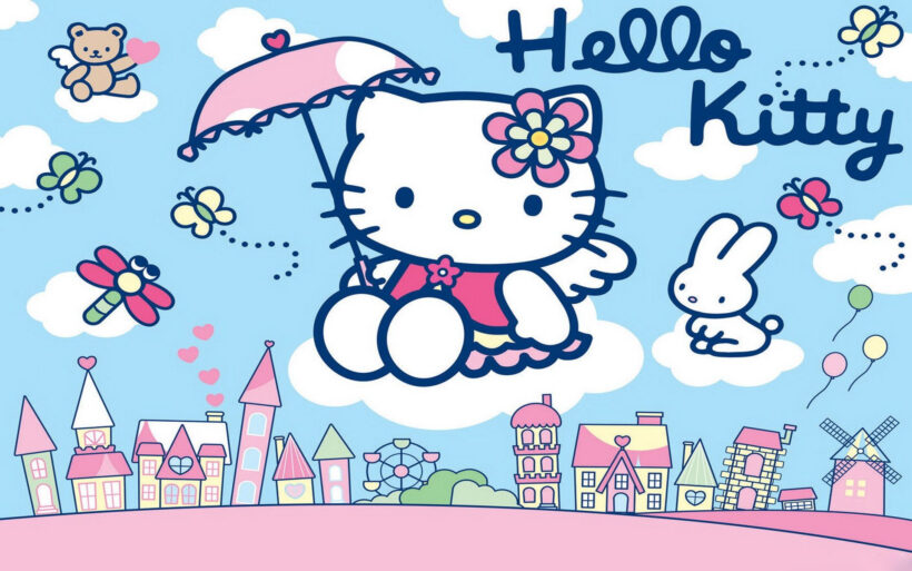 Ảnh Hello Kitty Dễ Thương Cầm ô Dễ Thương Bên Những Ngôi Nhà Và Bầu Trời Mây đáng Yêu