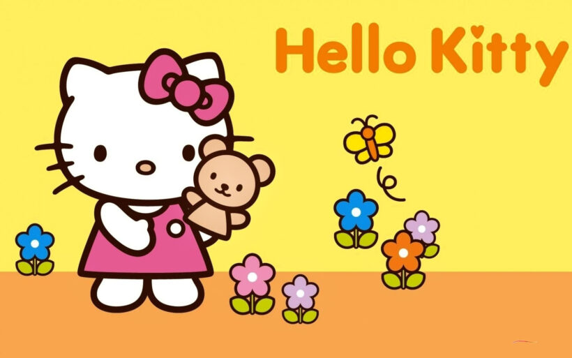 ảnh Hello Kitty Đẹp Hello Kitty ôm Gấu Và Những Bông Hoa Nhỏ Nền Vàng