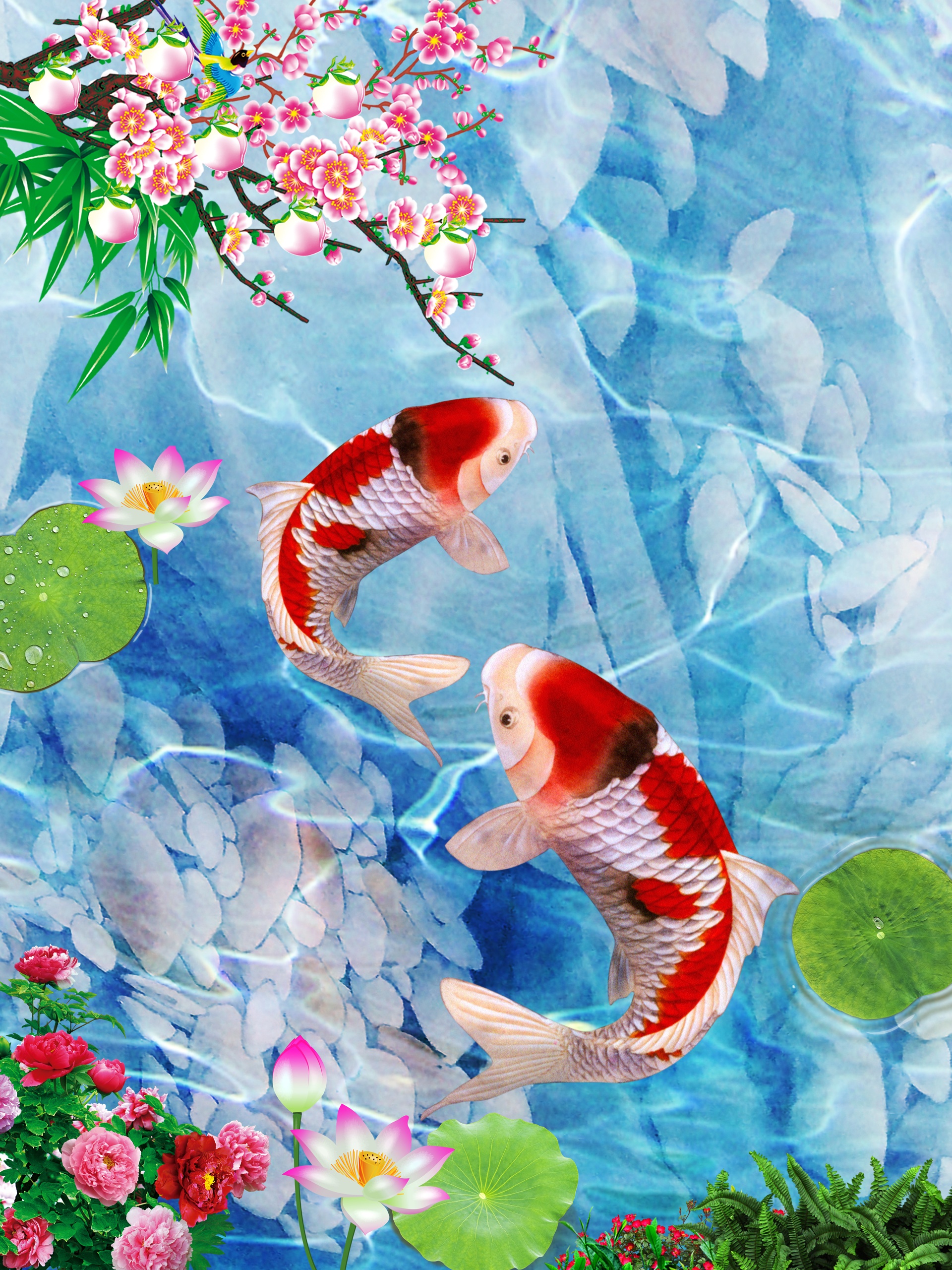Hình ảnh Cá Chép Hoa Sen Màu Nước Phong Thủy