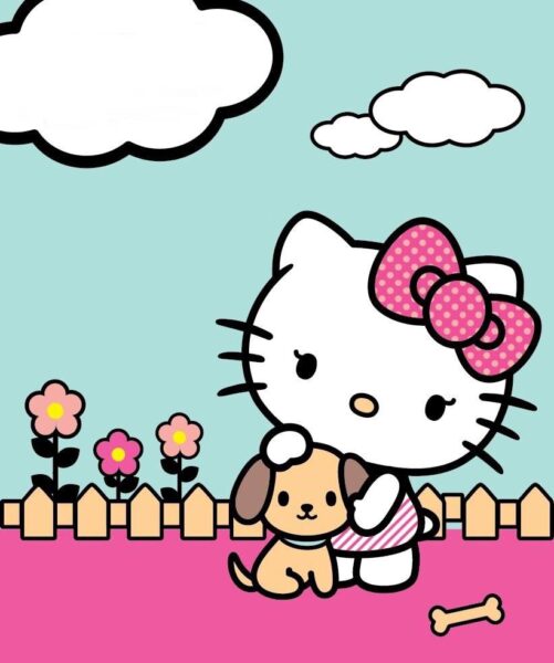 Hình ảnh Hello Kitty đang ôm Chú Chó Con Bên Hàng Rào đầy Hoa