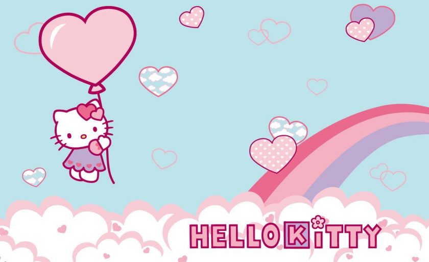 Hình ảnh Hello Kitty ôm Bóng Bay Trái Tim Bên Cầu Vồng Tình Yêu