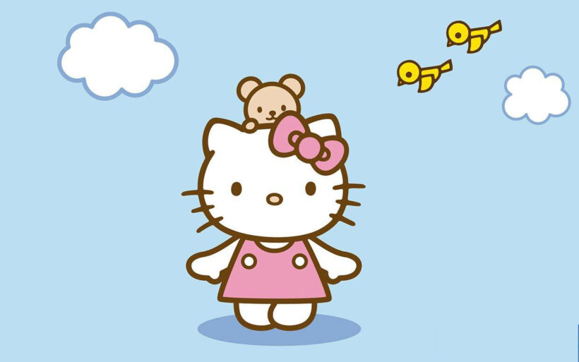 Hình Nền Hello Kitty đầu đội Chú Gấu Nhỏ Bên Mây Trời Và Những Chú Chim Cute