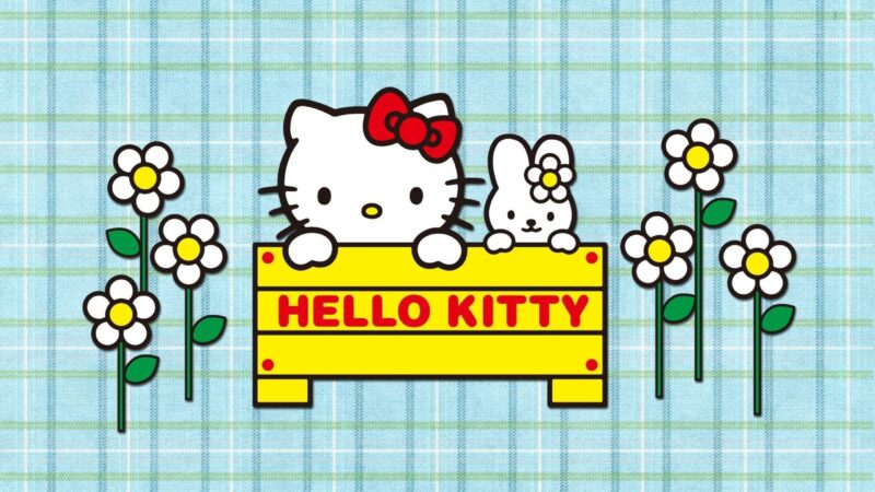 Hình Nền Hello Kitty Và Thỏ Trắng Bên Hoa Background Kẻ Xanh Cực Xinh