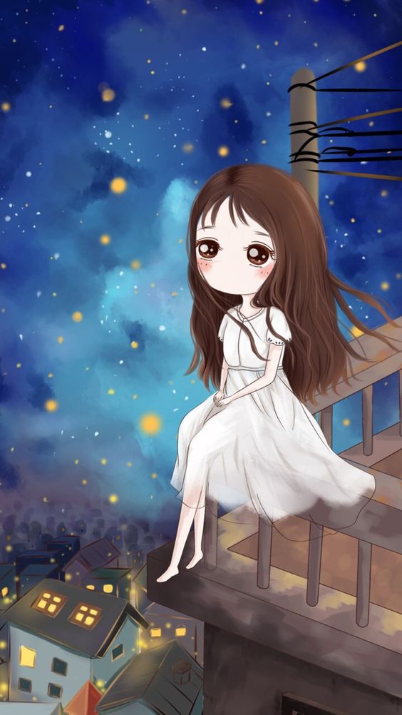 Avatar Nữ Cute Anime Chibi Cô Gái Váy Trắng Ngồi Trên Lan Can