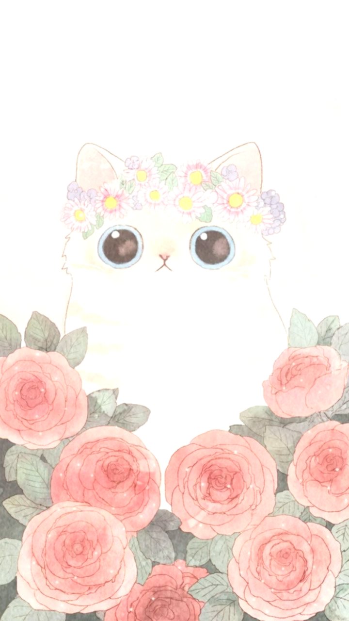 Hình Vẽ Chibi Cute Mèo Trắng Giữa Vườn Hồng