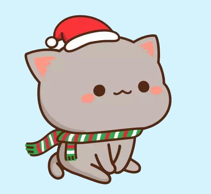 Hình Vẽ Chibi Cute Mèo Xám đội Mũ đỏ Giáng Sinh