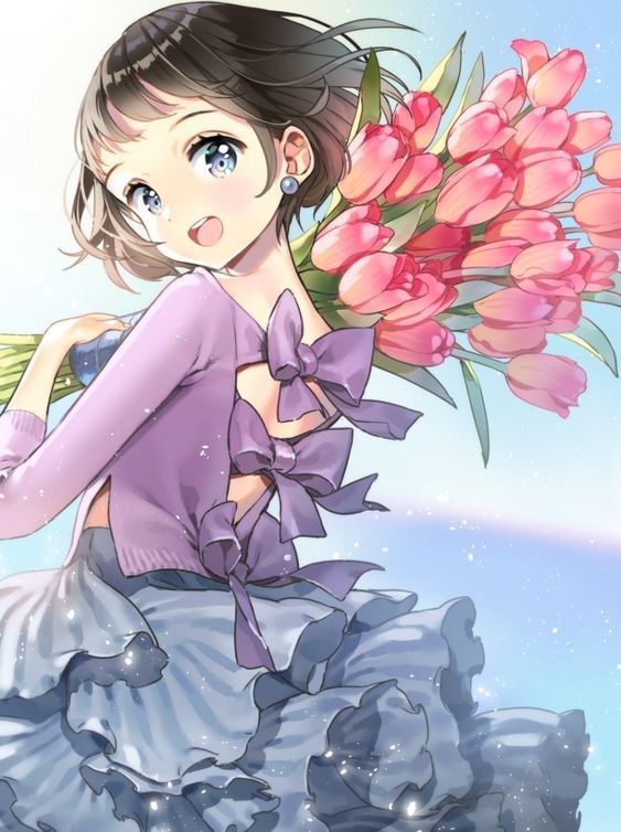 Tải ảnh Anime Nữ Cute ôm Bó Hoa Tuylip Hồng