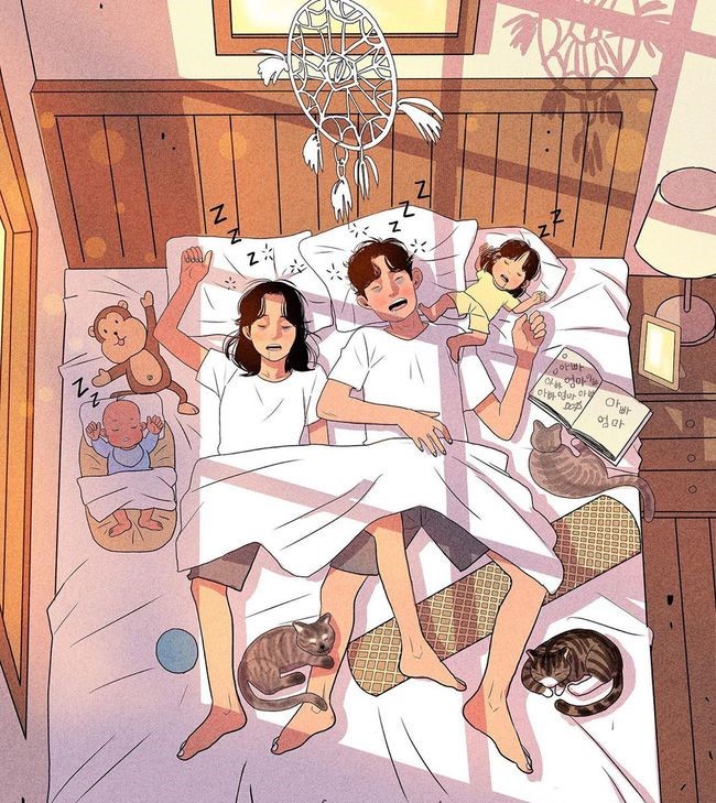 ảnh Gia đình Anime Chibi Cùng Nằm Ngủ Trên Giường Cực Cute