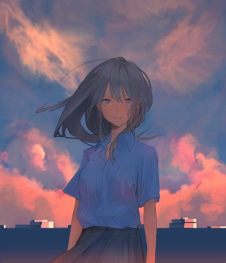 Hình Nền Anime Ngầu Nữ Sinh Dưới Bầu Trời Mây