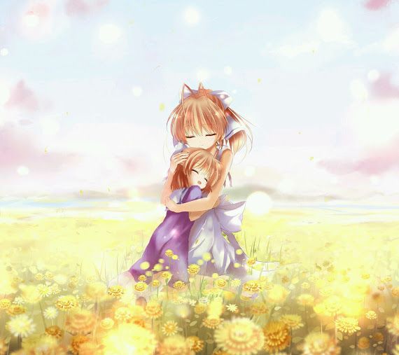 Hình ảnh Mẹ Và Con Gái Anime Chibi ôm Nhau Giữa Cánh đồng Hoa Vàng