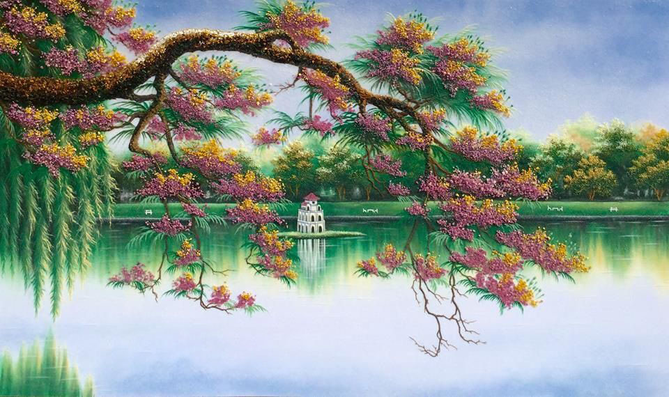 Vẽ Hình ảnh Hồ Gươm Giữa Mùa Hoa Bằng Lăng Nở Rộ