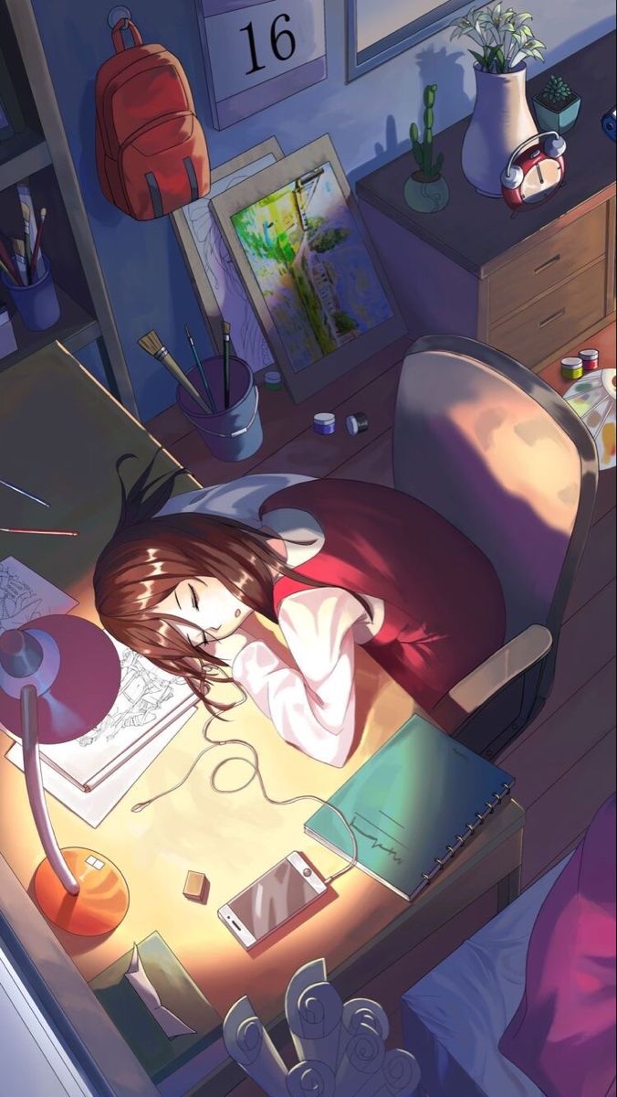 Anime Cô Bạn Ngủ Quên Trên Bàn Học ảnh Học Bài Chill (38)