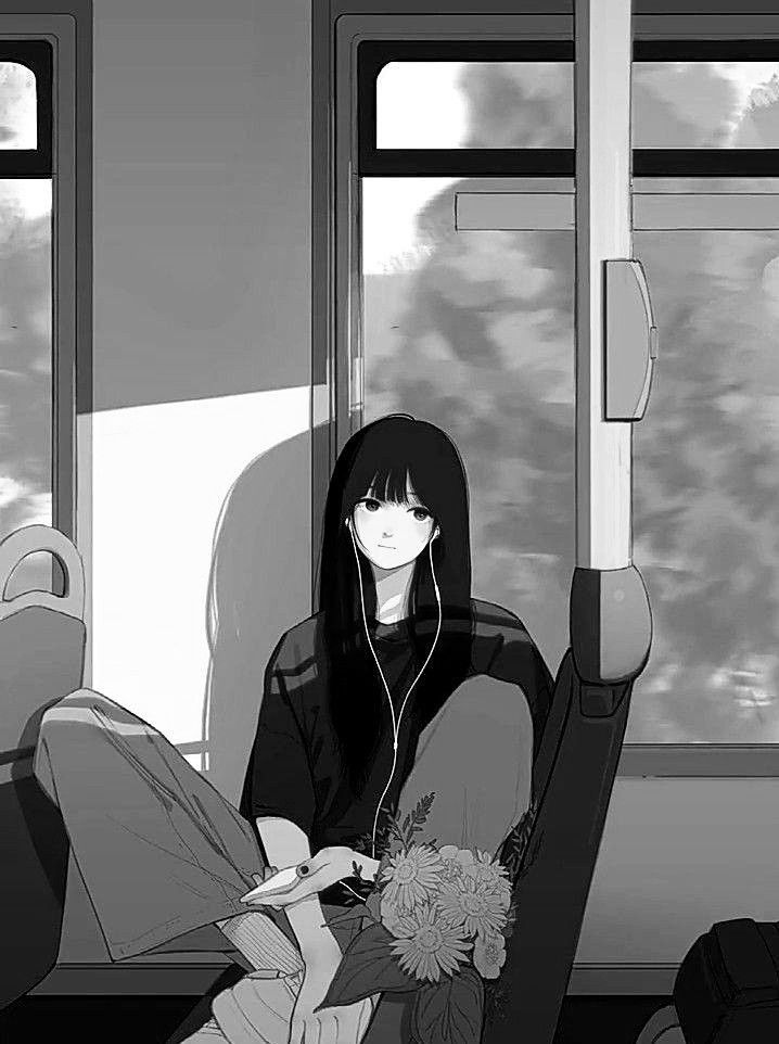ảnh đen Trắng Cô Gái Cầm Bó Hoa Ngồi Trên Xe Bus Hình Nền Buồn (29)