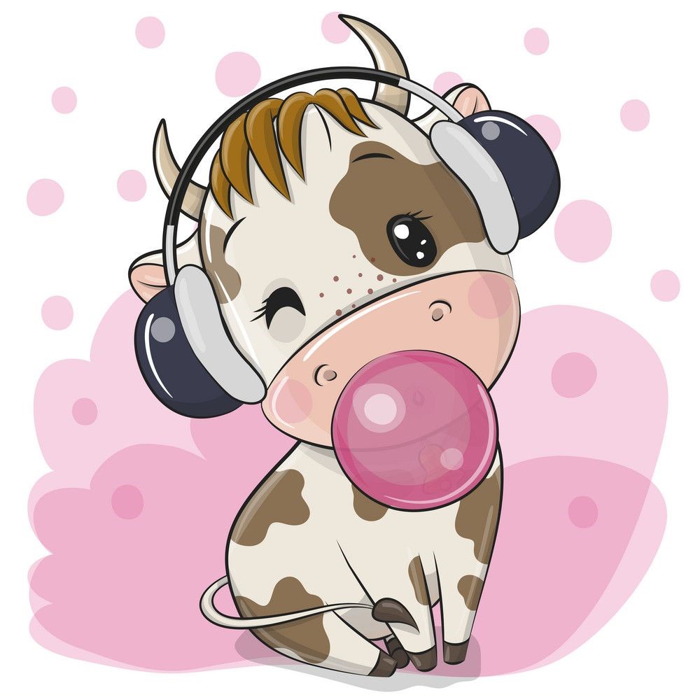 Cute Cartoon Bull With Headphones And Bubblegum On A Pink Background
